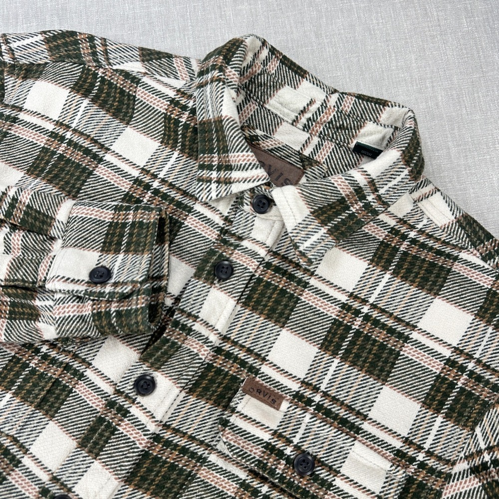Orvis Flannel Shirt Mens M Green White Plaid Cotton Button Down 1312517 Shacket
